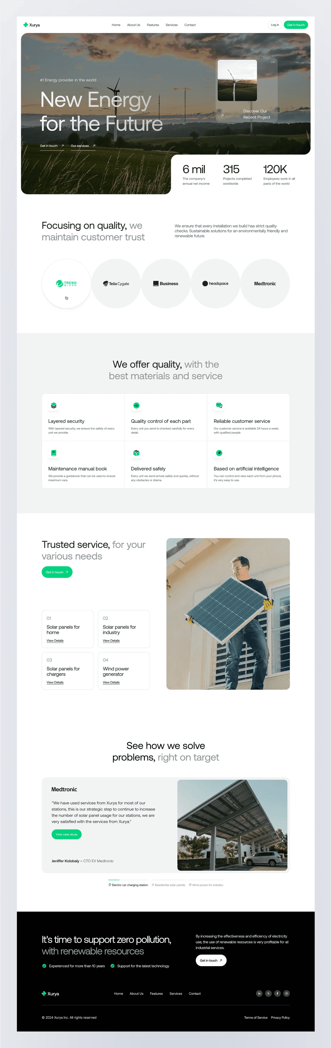 Renewable energy website concept from Sent Studio’s landing-page assets, featuring a wind farm and clean service sections.